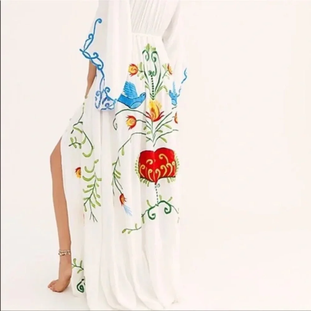 Boho Embroidered Hearts Floral Birds Long Maxi Kimono Dress - Picture 13 of 16